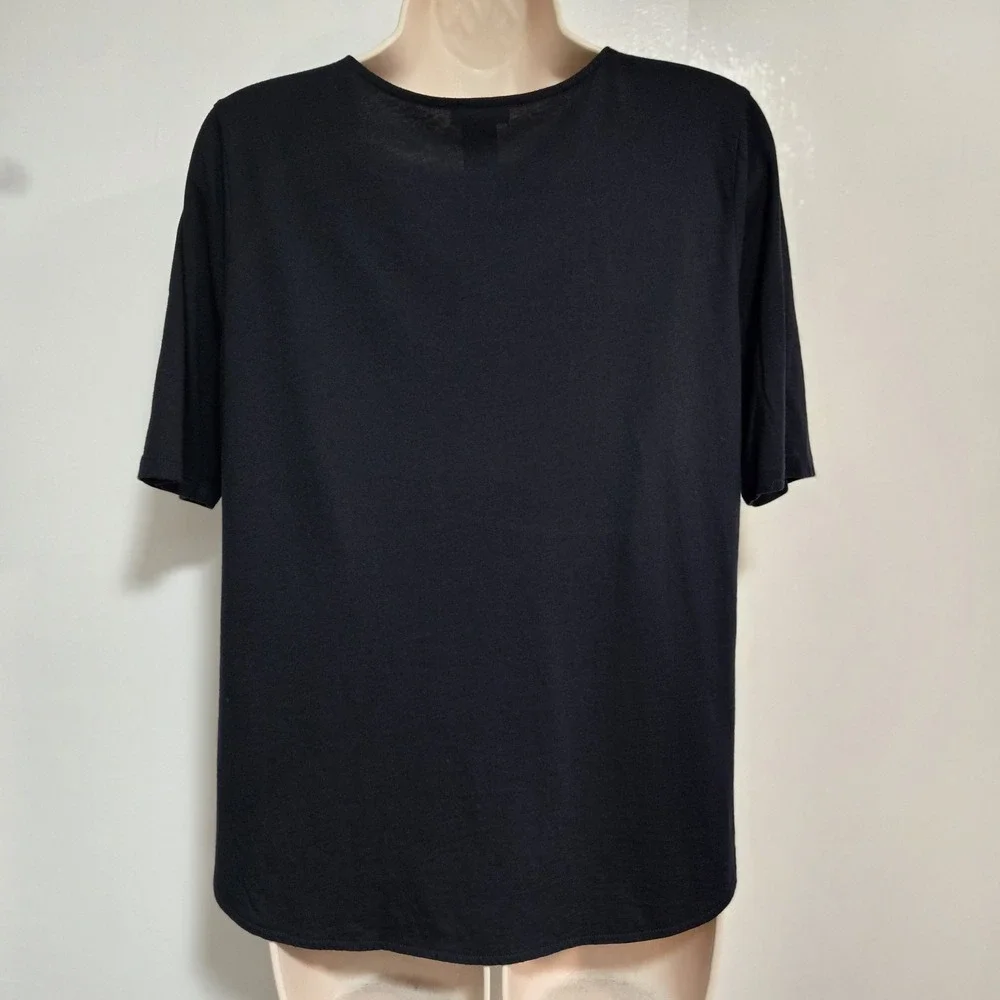 Ann Taylor Petite Sz PM True Navy Blue Cotton Blend Keyhole Neck Lightweight Top